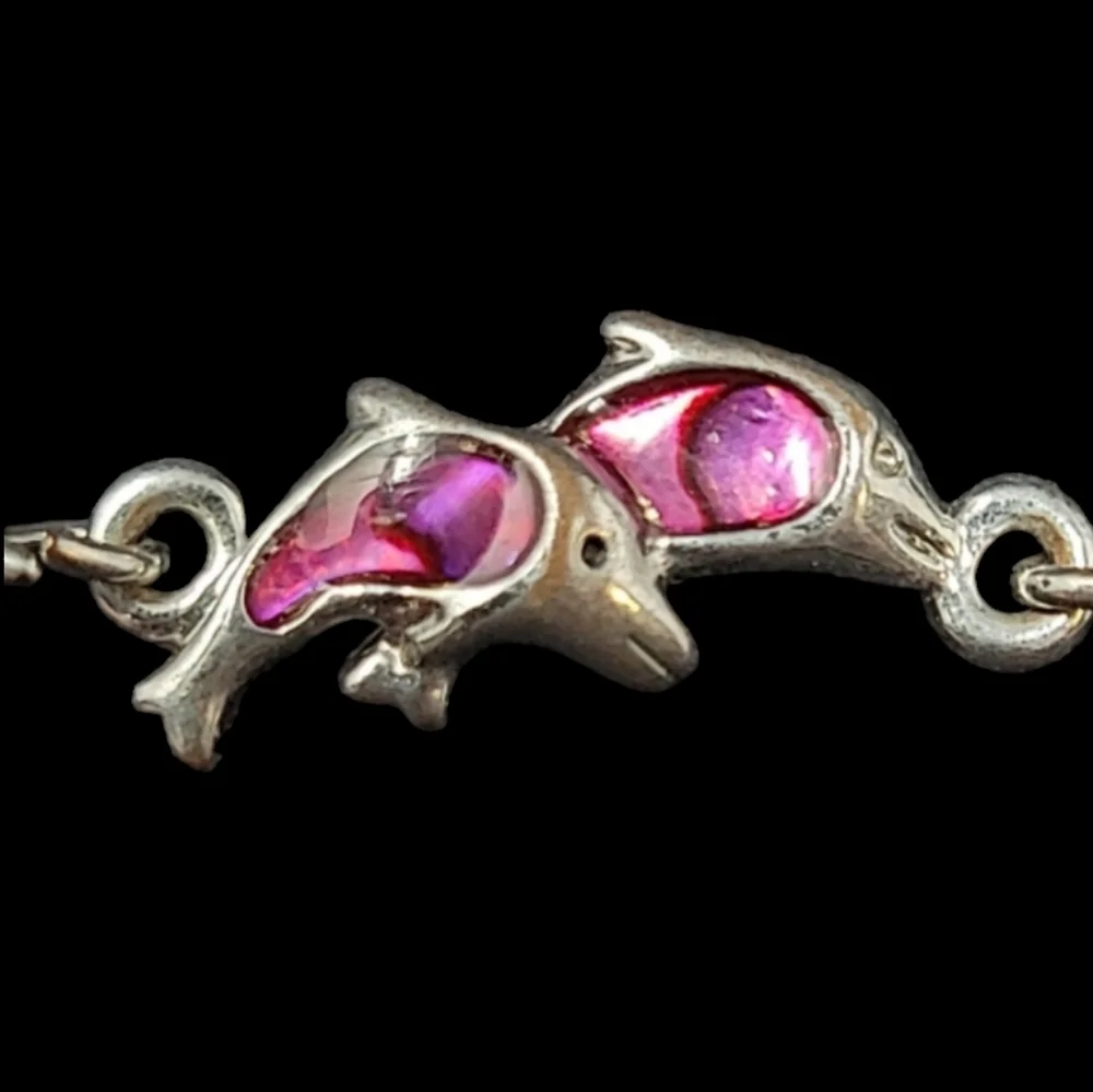 MULTI COLORED IRIDESCENT ENAMEL DOLPHIN LINK SILVER TONE BRACELET